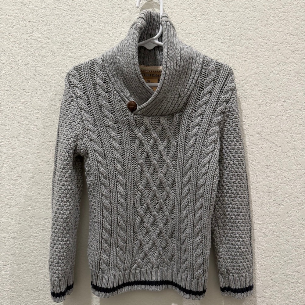 British Khaki Boys Shawl Collar Cable Knit Sweater Gray Cotton Size 4